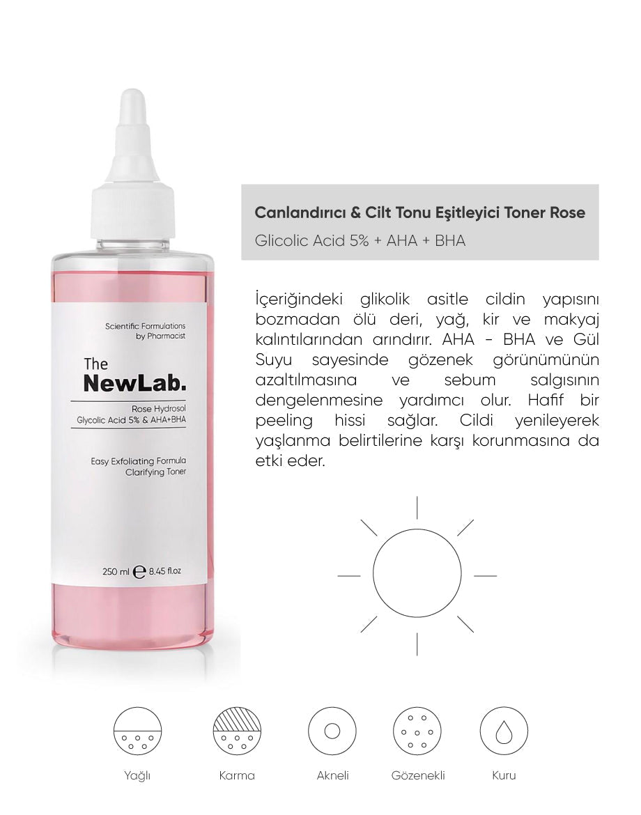 The NewLab Canlandırıcı & Cilt Tonu Eşitleyici Toner Rose Hydrosol Glycolic Acid 5% & AHA+BHA
